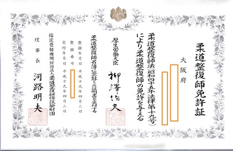 柔道整復師免許証